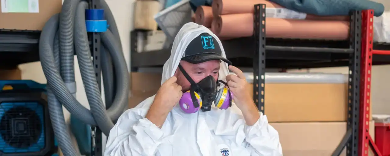 Fast Track Restoration technician in protective gear before mold remediation