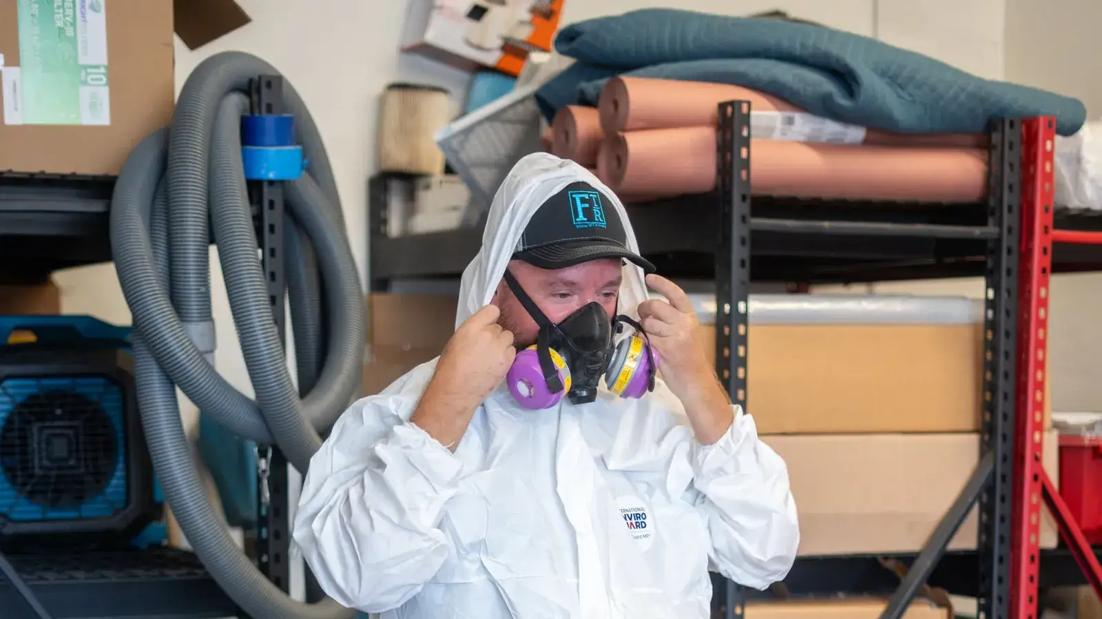 Fast Track Restoration technician in protective gear before mold remediation