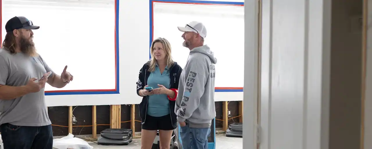 Fast Track team members talking through the drying plan in a home with flood-cut walls and air movers running