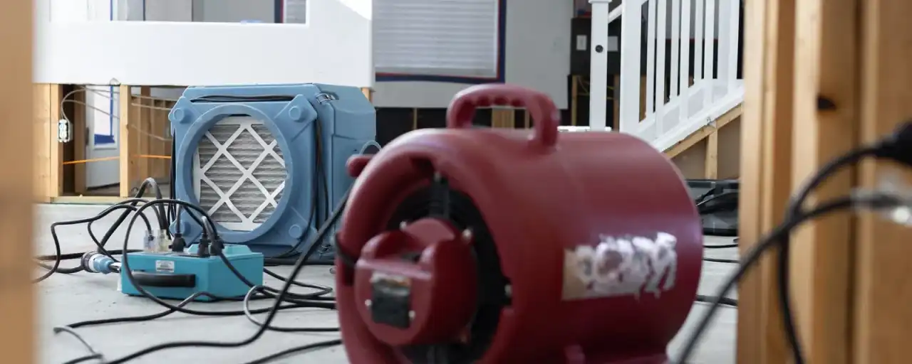 Air mover and dehumidifier drying a home after a water loss — Fast Track Restoration
