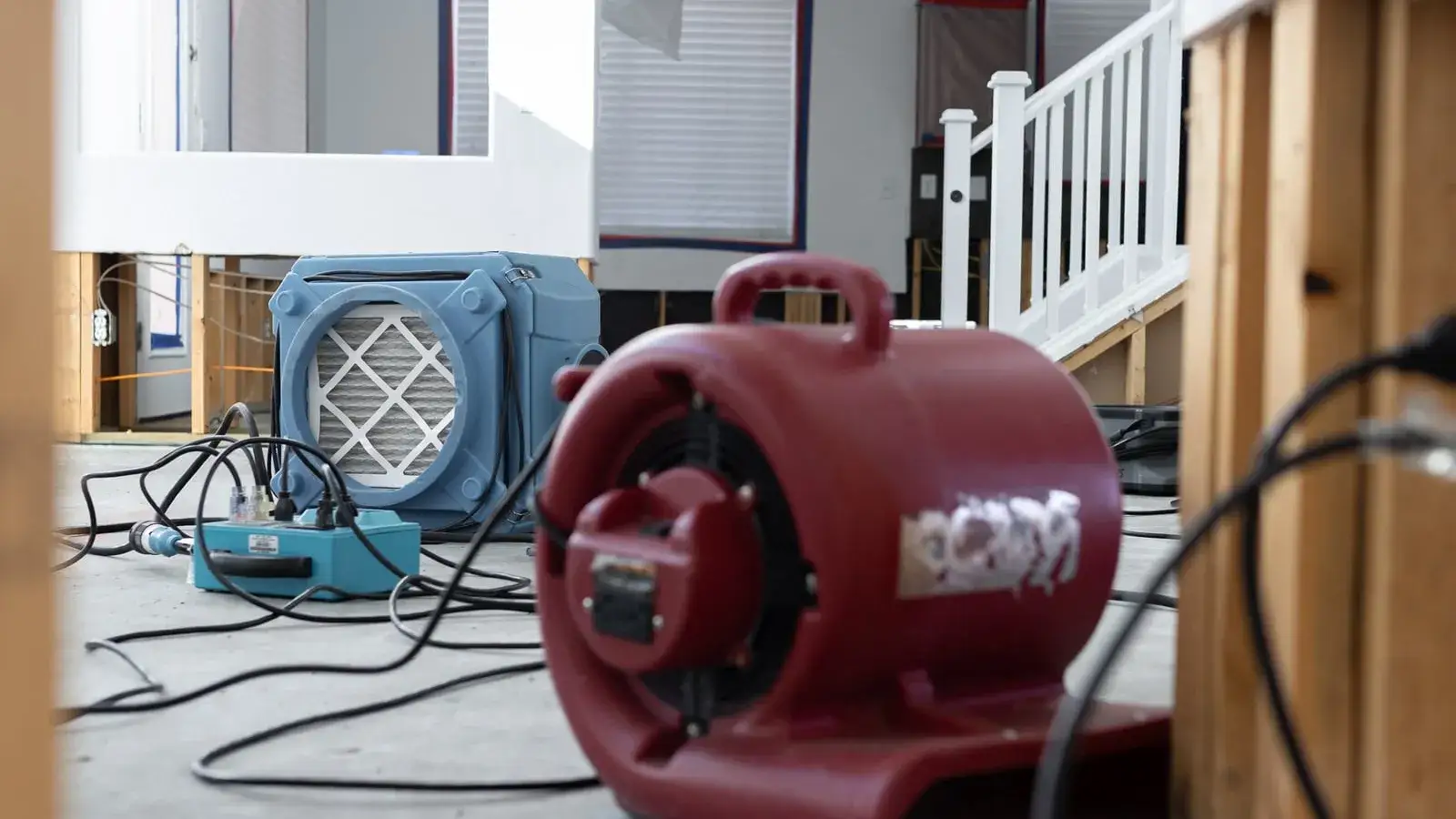 Air mover and dehumidifier drying a home after a water loss — Fast Track Restoration