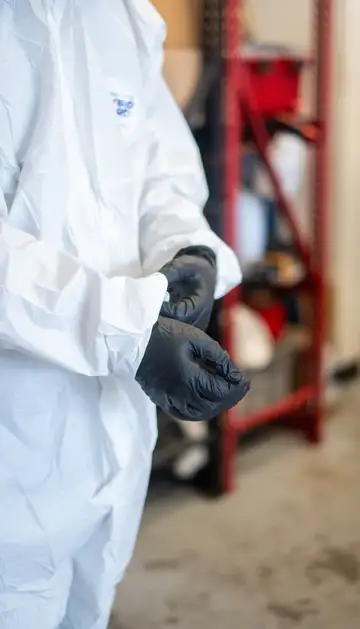 Technician in a white protective suit pulling on black disposable gloves before a biohazard cleanup