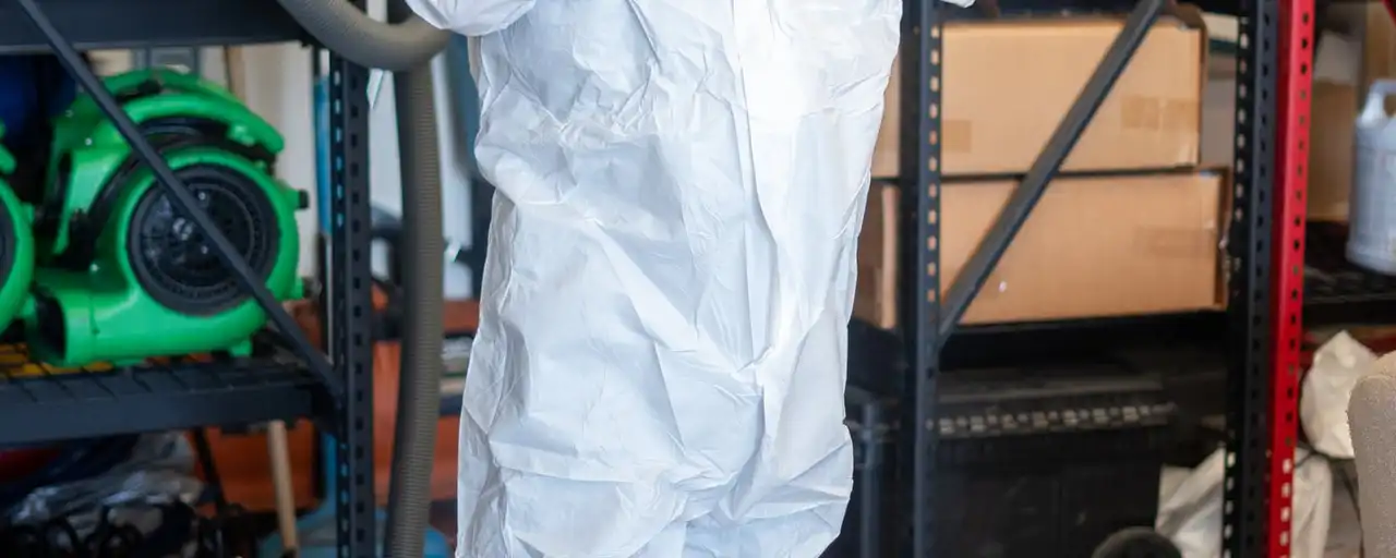 Fast Track technician in a white protective suit putting on a respirator before a biohazard cleanup