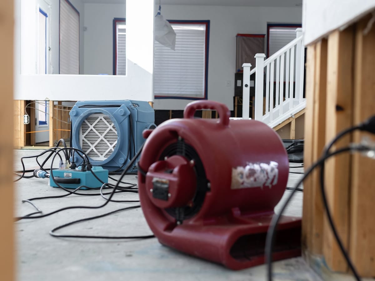 Air mover and dehumidifier drying a room after a ceiling leak